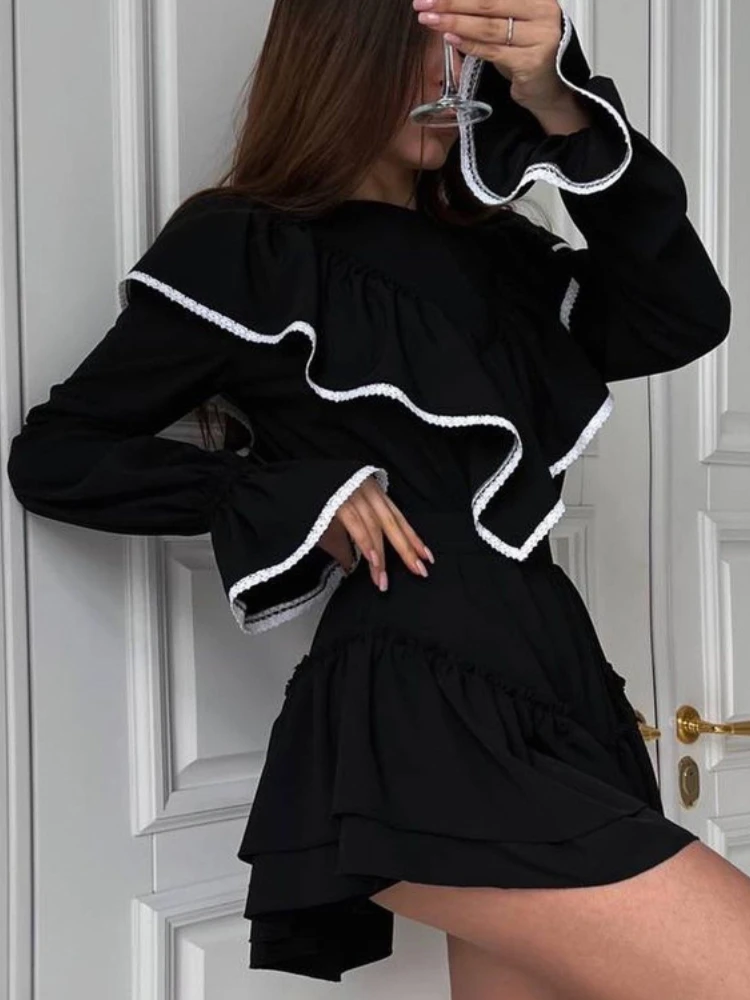 Leosoxs Ruffled Patchwork Mini Dress for Women 2024 Long Sleeve Elegant Contrast Slim Party Dress Female Summer Dress Black