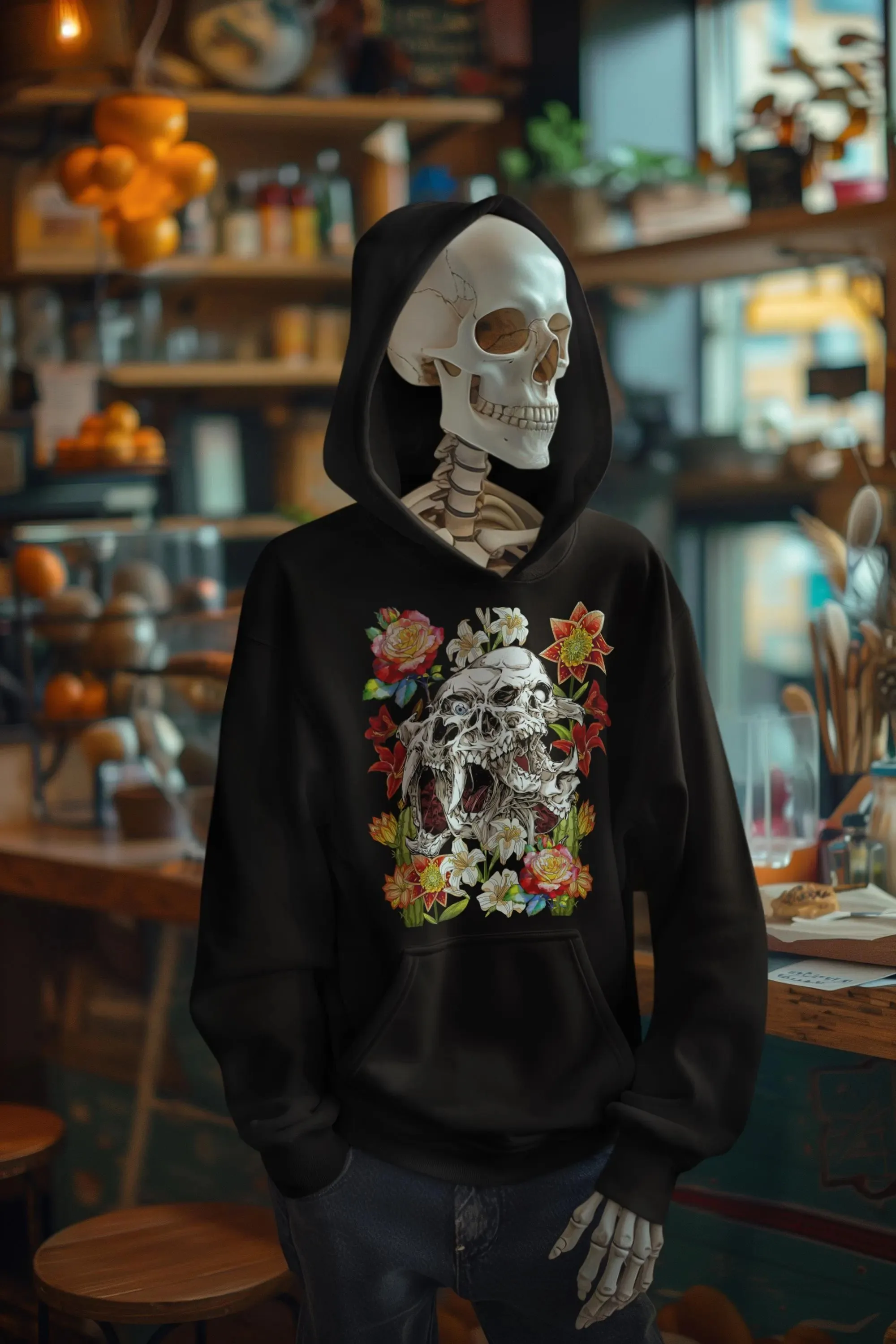 

Cotton Hoodie with Floral Skull Print Gothic Style Comfortable Sweatshirt for Daily Wear Design Casual Sweatshirt for Fashion