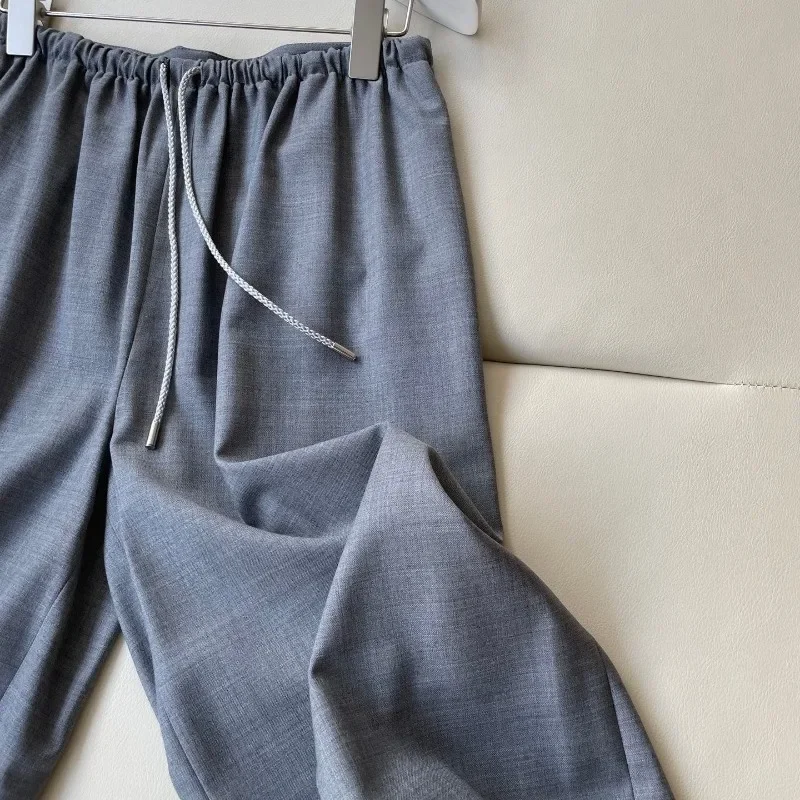 2025 Spring Wool Wide-leg Drawstrings Grey Pants Women