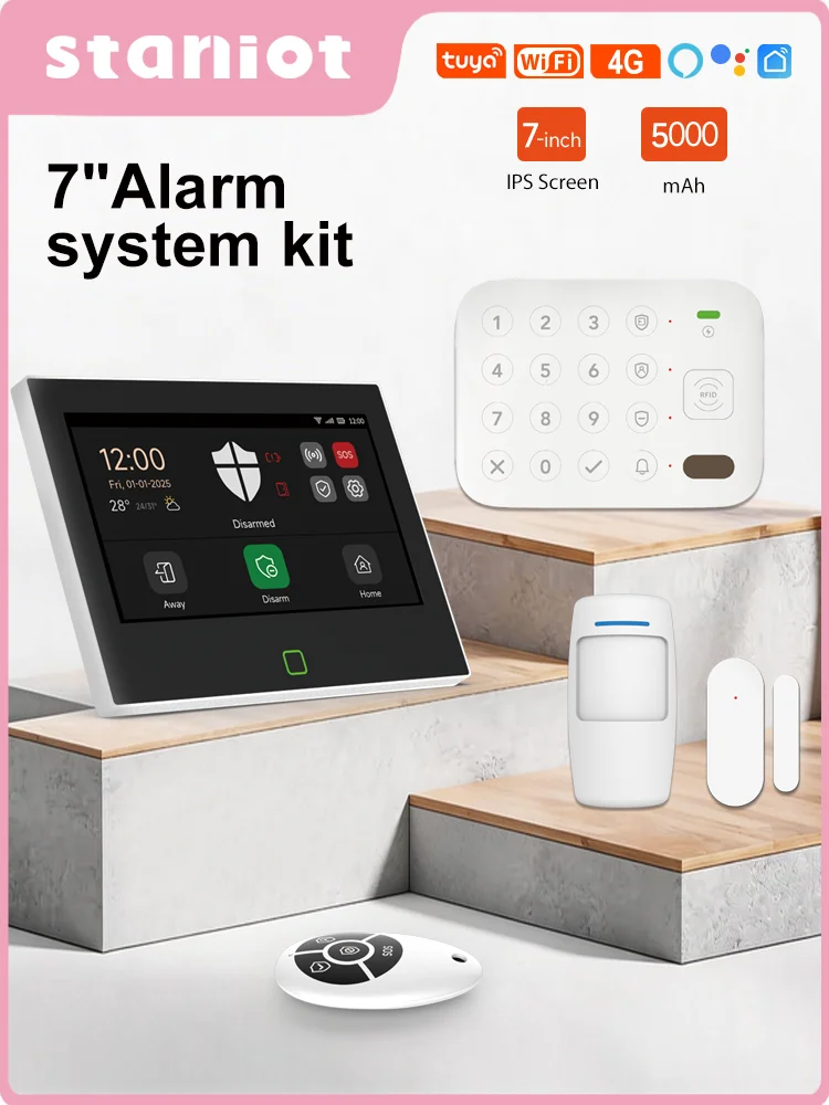 Staniot 7 Zoll Smart Home Sicherheitsalarmsystem 4G WiFi Touchscreen Eingebauter 5000mAh Akku Tuya Drahtloser Sicherheitsschutz