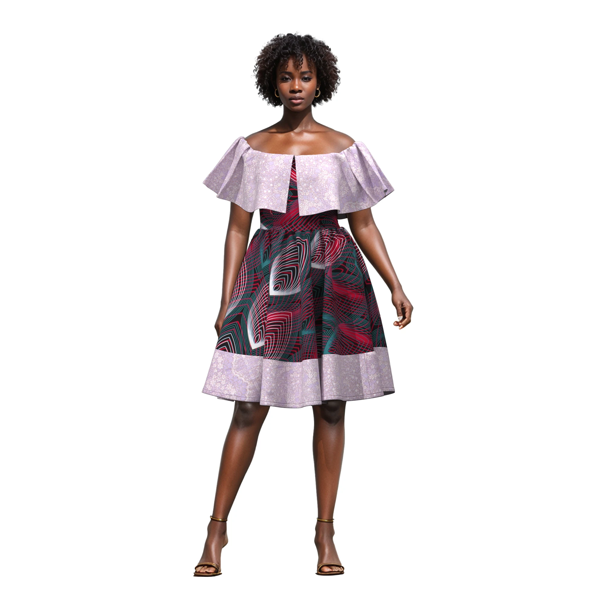 

African Ruffles Collar Dresses for Women Dashiki Print Lace Dress Vestidos Women African Party Clothing Knee Length WY10440