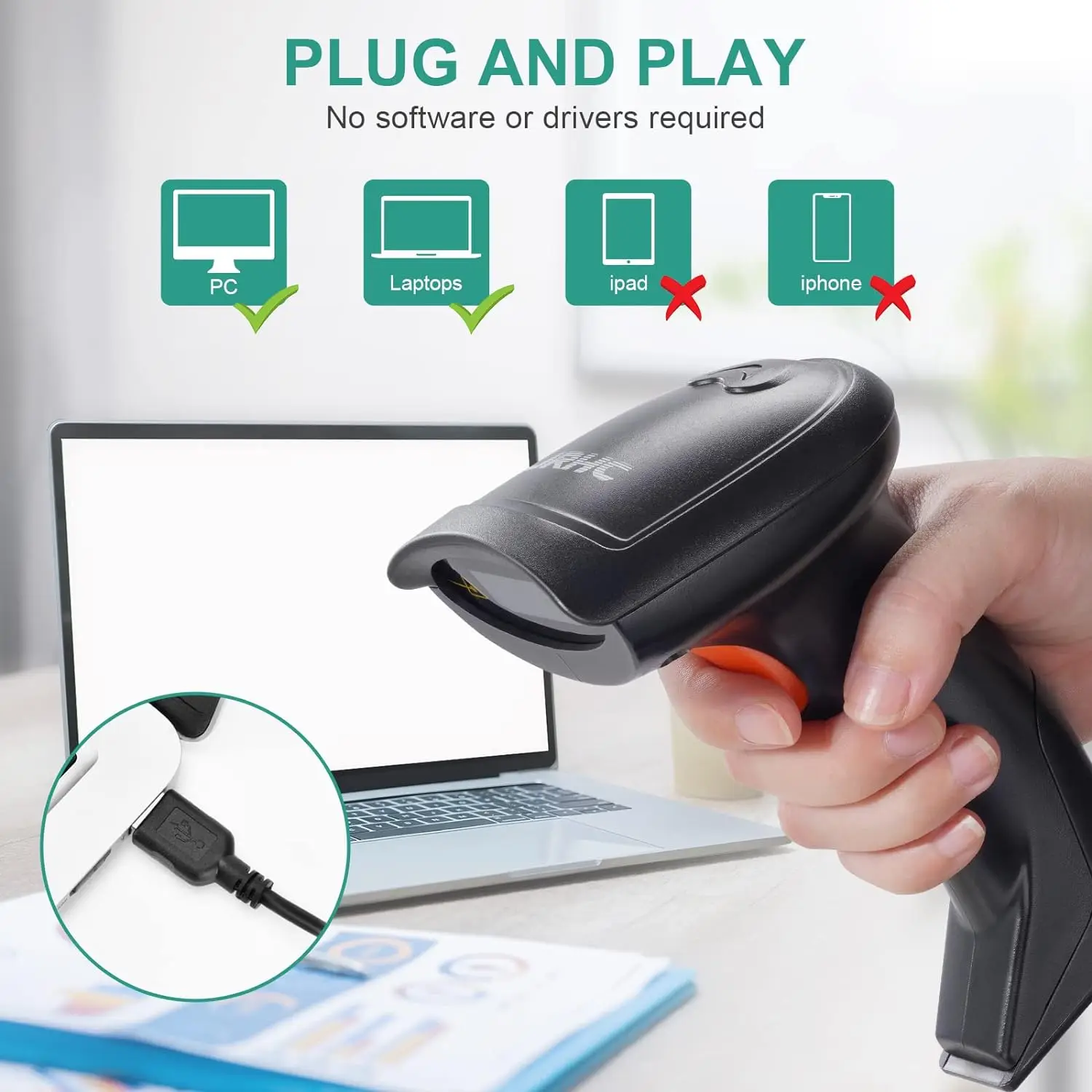 JRHC Handheld Barcode Scanner, 1D USB Laser, Leitores de Código de Barras, Ferramentas de Digitalização, Dispositivos para Loja, Supermercado, Biblioteca, Armazém