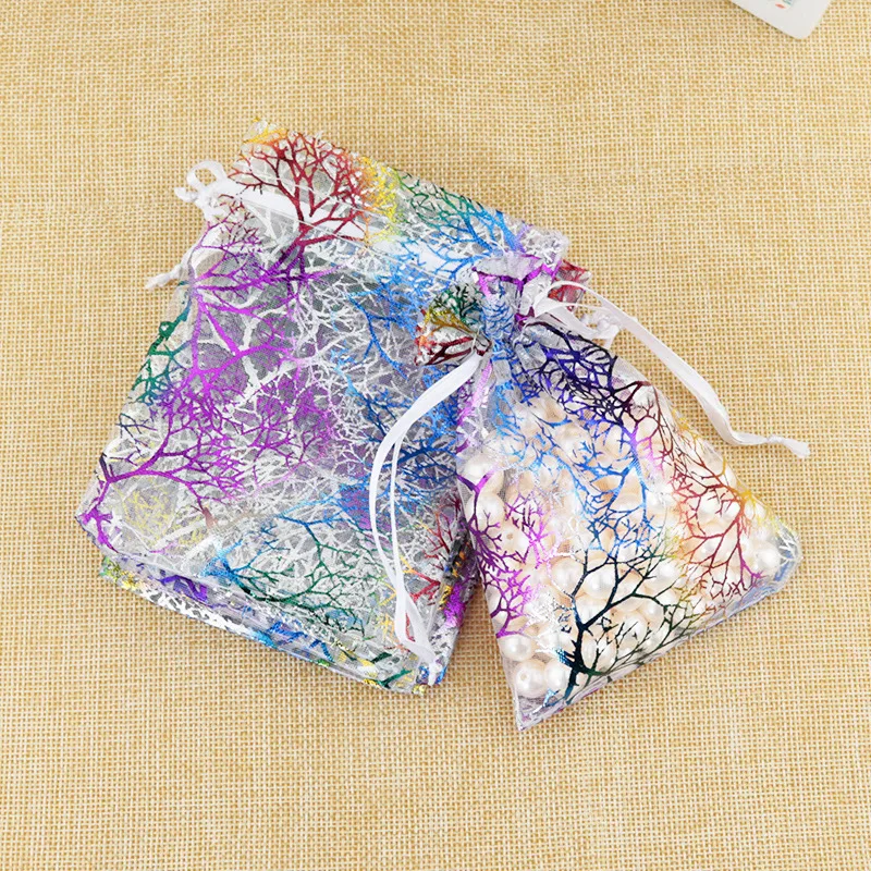 10 Stück/Lot Organza-Geschenktüten mit Kordelzug, Ornament-Verpackungstaschen, mehrfarbig bedruckt mit Bäumen, für Party, Hochzeit, Süßigkeitenbeutel – Detail 6