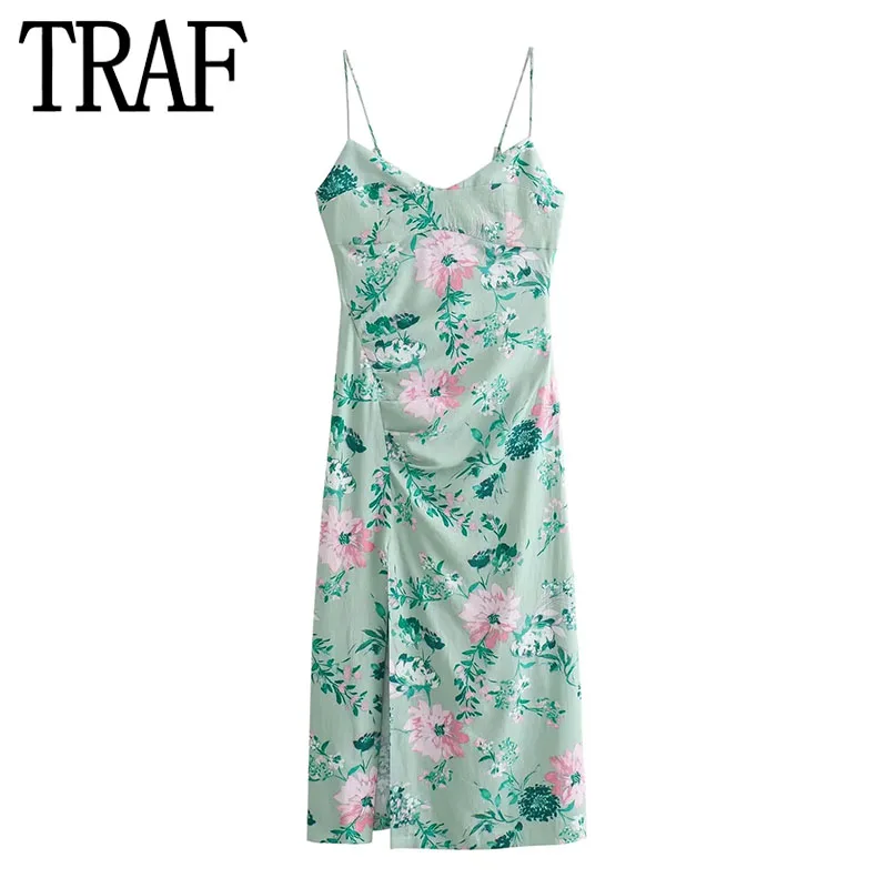 TRAF Green Floral Dress Woman Print Slip Midi Dress Summer Sleeveless Long Dresses For Women 2024 Backless Sexy Party Dresses