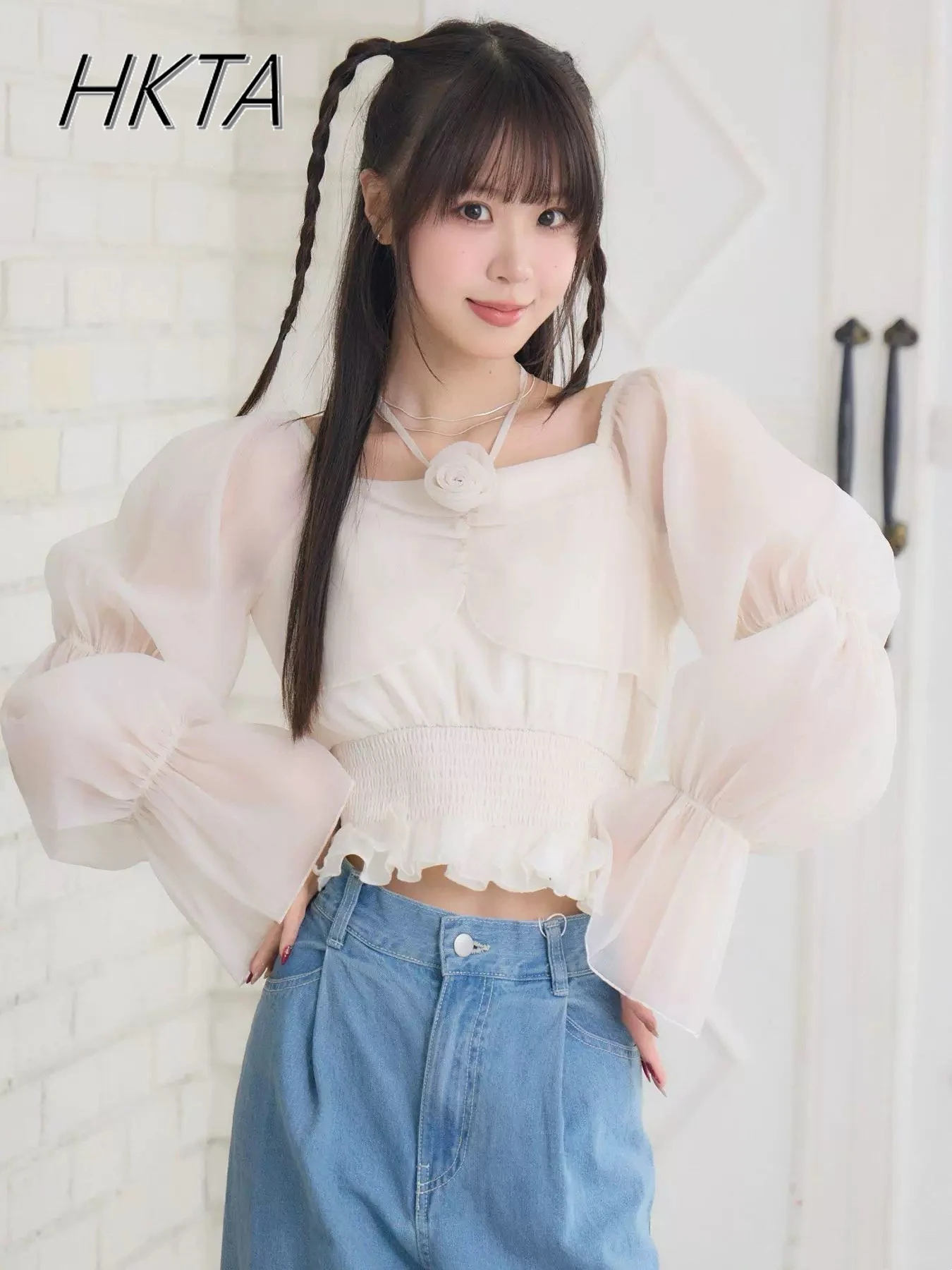

Japanese Rose Flower Mesh Splicing Shirts Top Women Summer New Product Bubble Long-sleeved Blouse Black and White Chiffon Shirt
