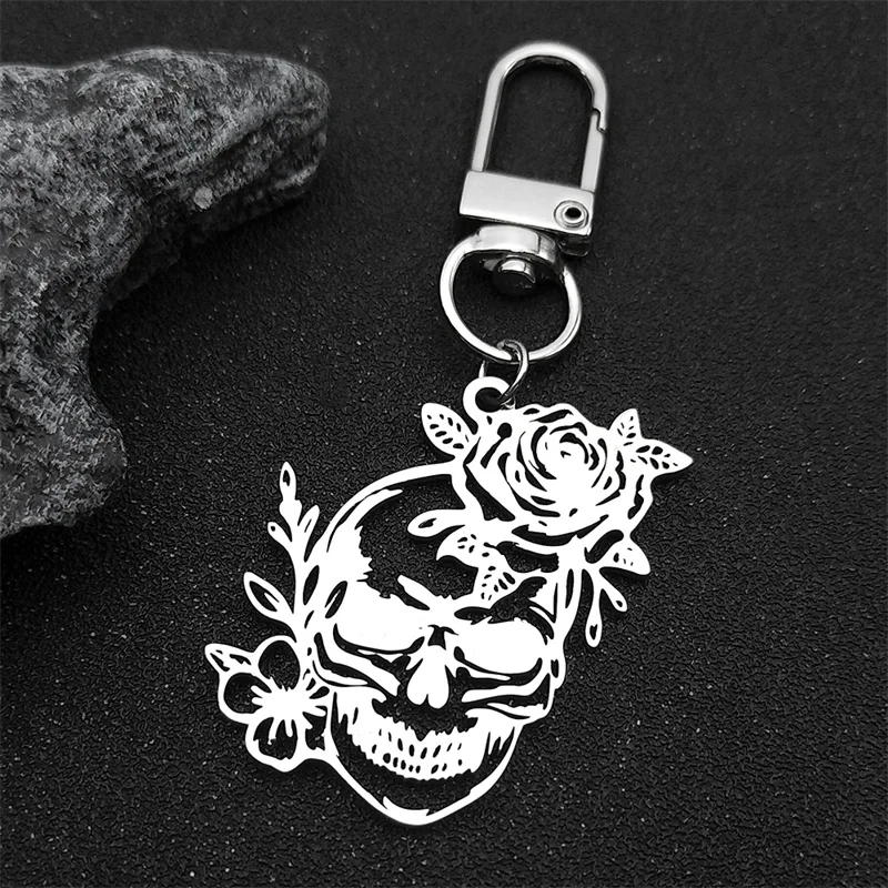 Edelstahl Gothic Schädel Rose Blume Anhänger Schlüsselanhänger für Männer Frauen Gold Farbe Skelett Retro Punk Party Schmuck Geschenk – Detail 6