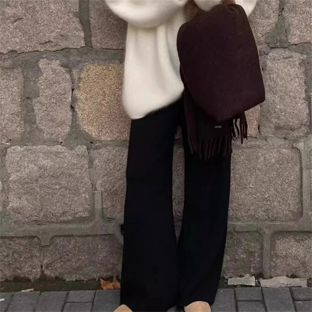1pcs Ladies Elegant Temperament Woolen Knitted Wide-leg Pants Women's Autumn Winter Soft Casual Drape Straight Trousers Gift New