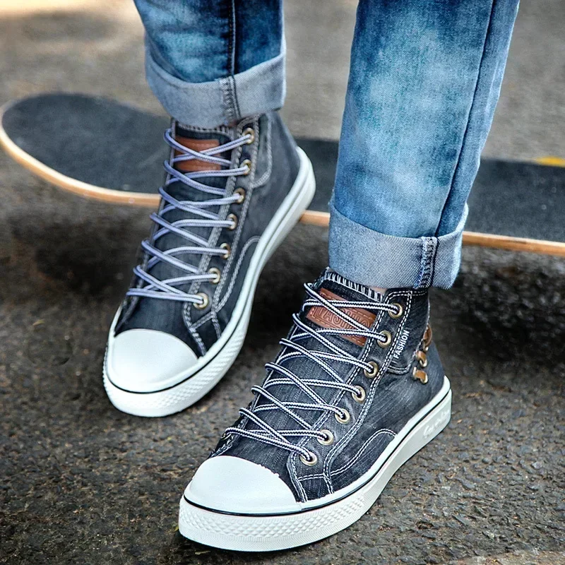 Denim Canvas Sneakers for High Top Walking Sport Shoes Round Toe Lace Up Men Casual Shoes Running Thick Sole Ladies Brand Boots