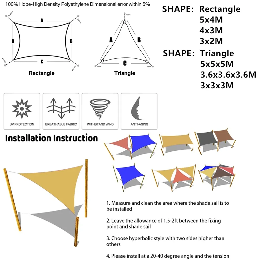 160GSM Impermeável Toldo Sunshade Sun Shade Sail Para Outdoor Garden Beach Camping Patio Pool Sun Canopy Tent Sun Shelter