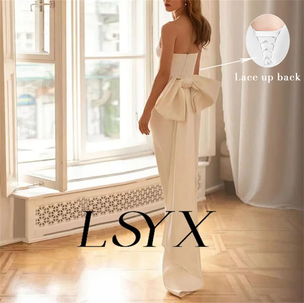 LSYX Simple Strapless Sleeveless Cut Out Satin Mermaid Wedding Dress Lace Up Back Bow Mid-Calf Bridal Gown Custom Made