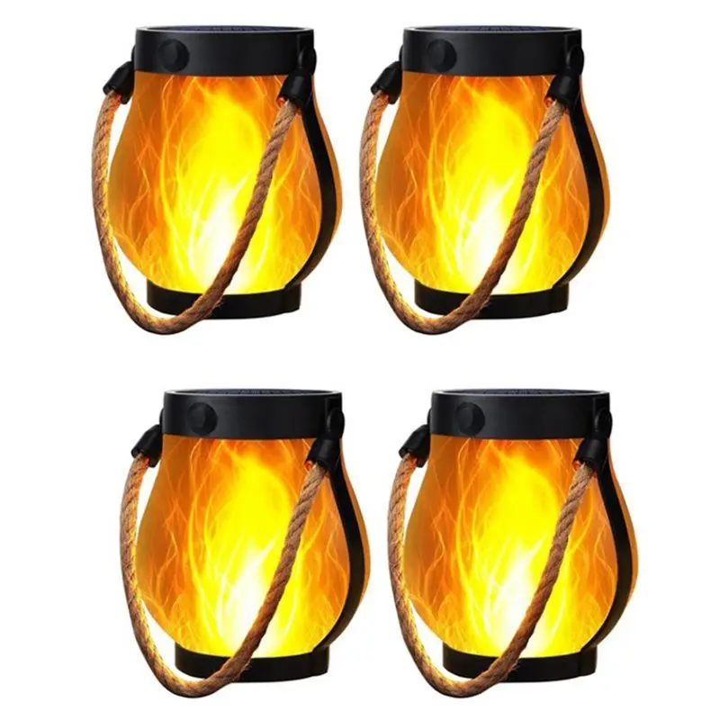 LICE-Outdoor Hanging Solar Lanterns 4PCS Flickering Flame Garden Lights With Dual Charging USB& Solar