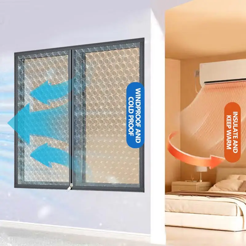 Winter balcony windows with anti cold and anti freezing features, zipper opening, no punching, thick bubble windproof curtains