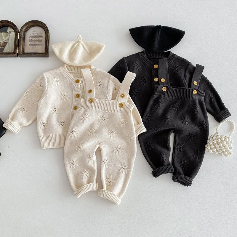 

2024 New Autumn Toddler Baby Girl Boys Knitted Clothes Suit Long Sleeved Knitted Cardigan Coat+Jumpsuit Children Clothes Set