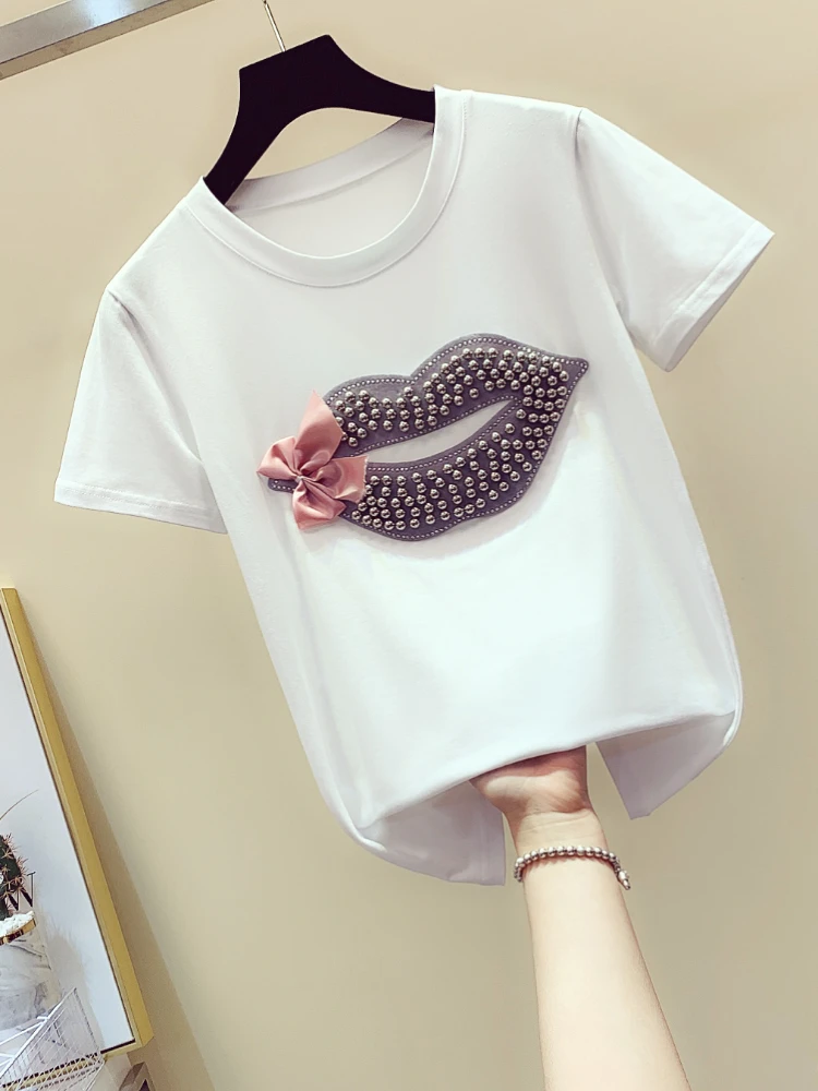 Tshirt Women Beaded Lip Bow-tie Tee Round Collar Loose Girl Lady New Shirt Tops Summer 2023