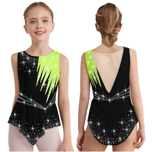 Imagen 2 del producto Niños Niña Rhinestones gimnasia rítmica Ballet Jersey patinaje sobre hielo traje de actuación en escenario sin mangas leotardo mono