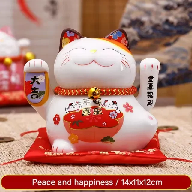 Maneki Neko الذي يعمل بالبطارية من السيراميك مقاس 5 بوصات مع يد ملوحة - ديكور منزلي Lucky Cat وهدية مثالية (رمز فورتشن)
