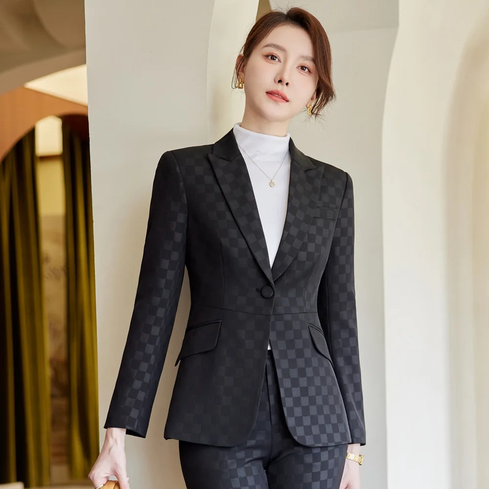 Tesco Formal Women Pantsuit Lapel Blazer Flare Pants Plaid Suit Set for Office Lady Women\'s Sets For Commuter Party blazer mujer