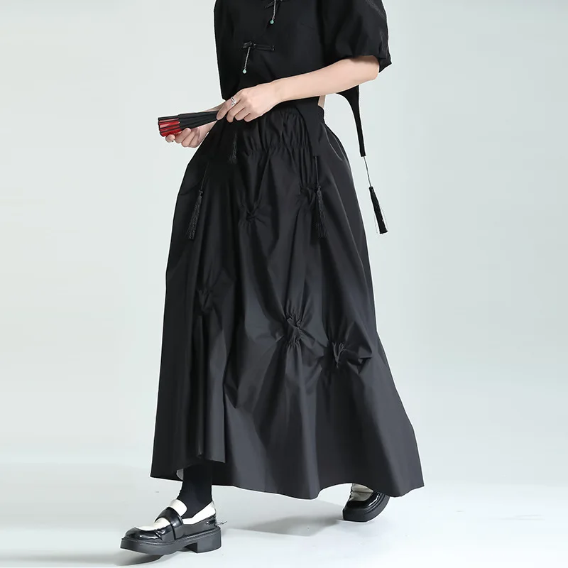 2024 summer niche dark loose length large hem fluffy skirt pleated patchwork mesh irregular women's skirt