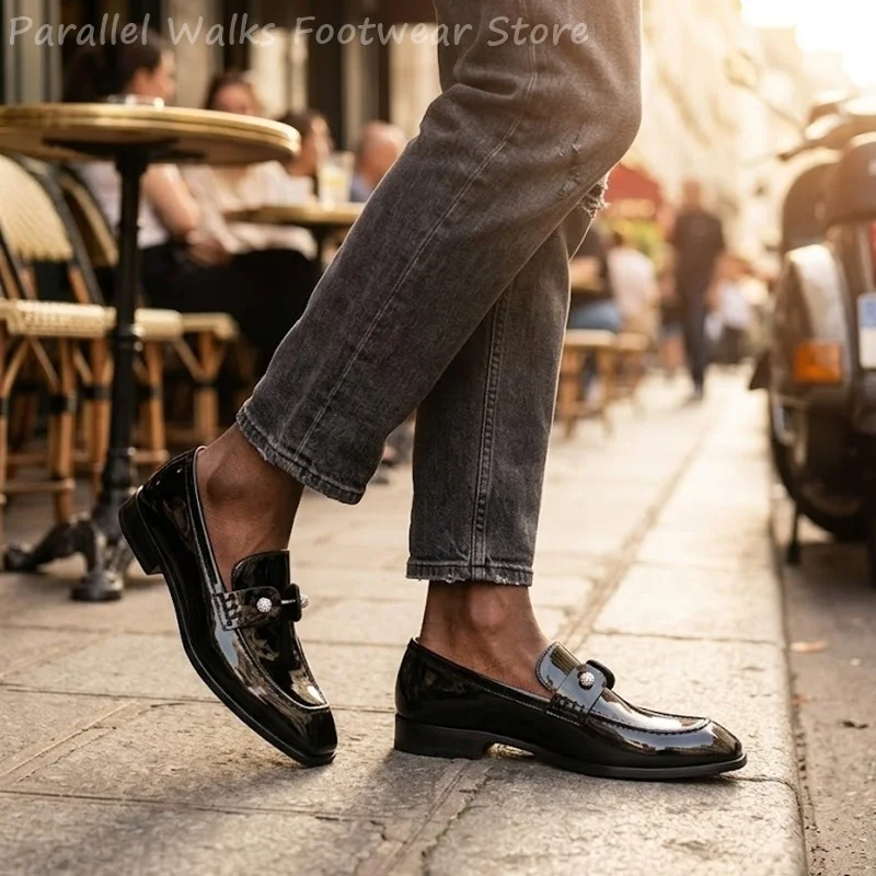 Men Black Patent Faux Suede Rhinestone Loafers Slip On Dress Shoes Crystal Smart Casual Tuxedo Wedding Party Evening Dress Shoes - view 3