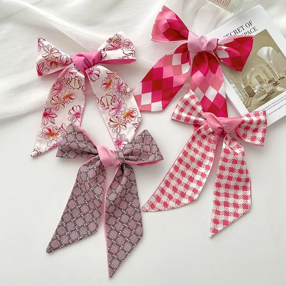 All-match Ribbon Headband Silk Scarf Flower Pink Printed Scarf Collocation Clothing Accessories Neckerchief Long Scarf Women