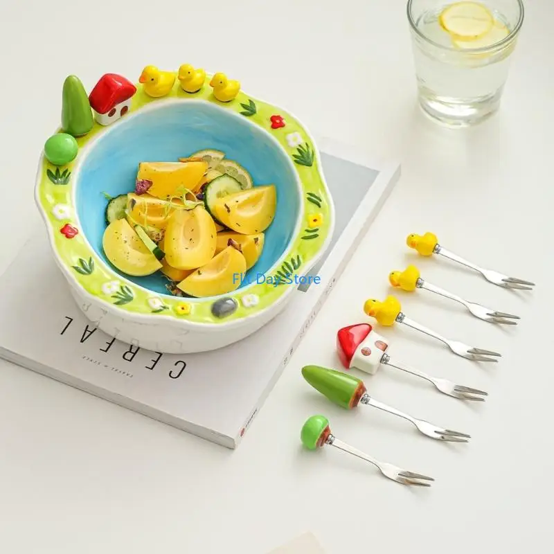 F92C Handmade Farm and Field Ceramic Fruit Plate and Six Stainless Steel Forks Bowl Novel Tableware Gifts