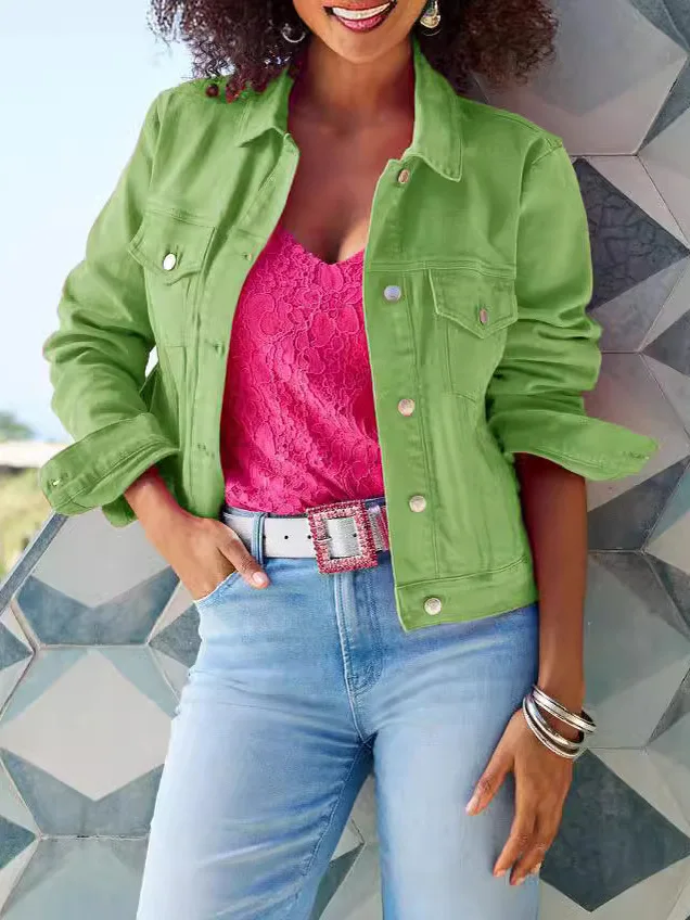  Women's Denim Jacket Commute Style Slim Fit Long Sleeve Bright Surface Treatment Cross-Border Summer New Arrival