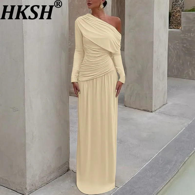 HKSH Frühling Sommer Neue frauen Kleid Asymmetrische Off-schulter Lange Ärmel Plissee Slim Fit Einfarbig Elegante Kleider HK17226