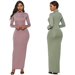 Primavera outono cor sólida magro vestidos longos feminino gola alta manga longa pacote hip bodycon vestido na moda senhora viajando vestidos