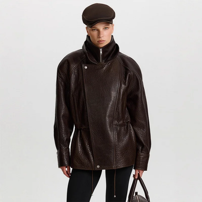 

Women's Clothing2025Autumn Winter New European and American Style Street Fashion Turn-down Collar Drawstring Leather