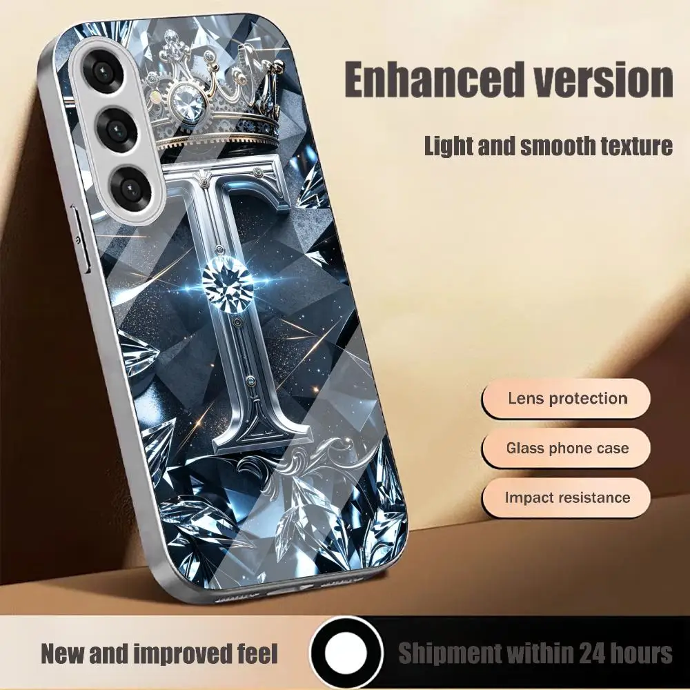 Crown Letter T Diamond Multi-color variants glass phone case for Samsung Galaxy S26 S25 S24 S23 S22 FE,Ultra,Plus Dropresistant
