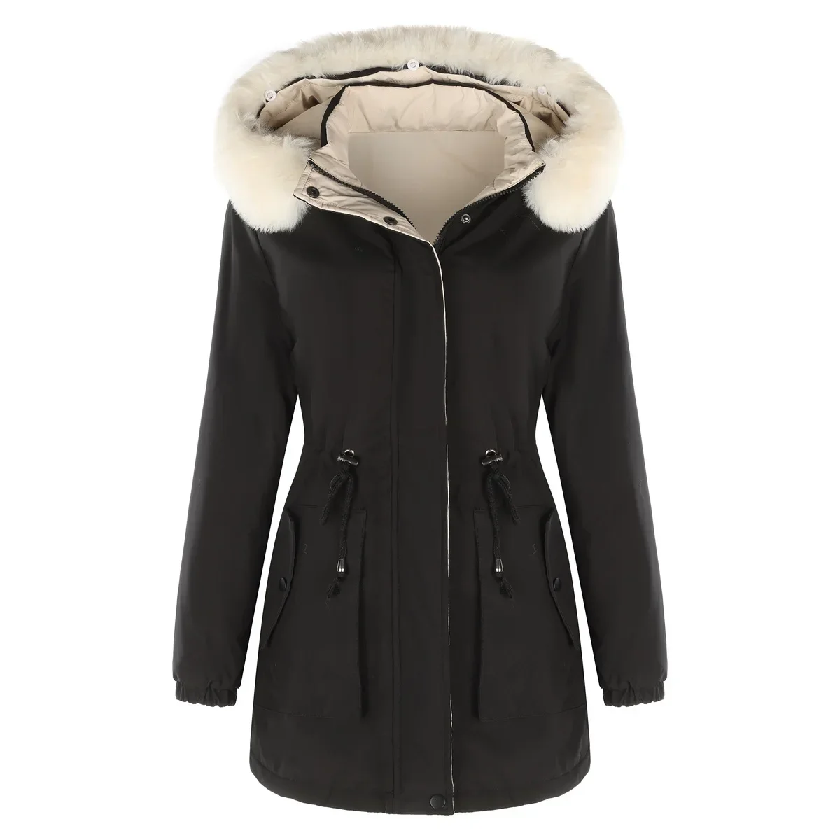 

Women Winter Jacket Two Sided Warm Cotton Jacket Detachable Cap Long Sleeved Zipper Thick Cotton Jacket Fur Collar Parkas New