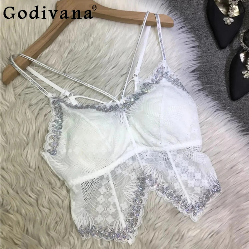 

European Heavy Industry Hot Diamond Fashion Irregular V-Neck Top 2025 Summer Girls Versatile Lace Black Sexy Suspender Vest