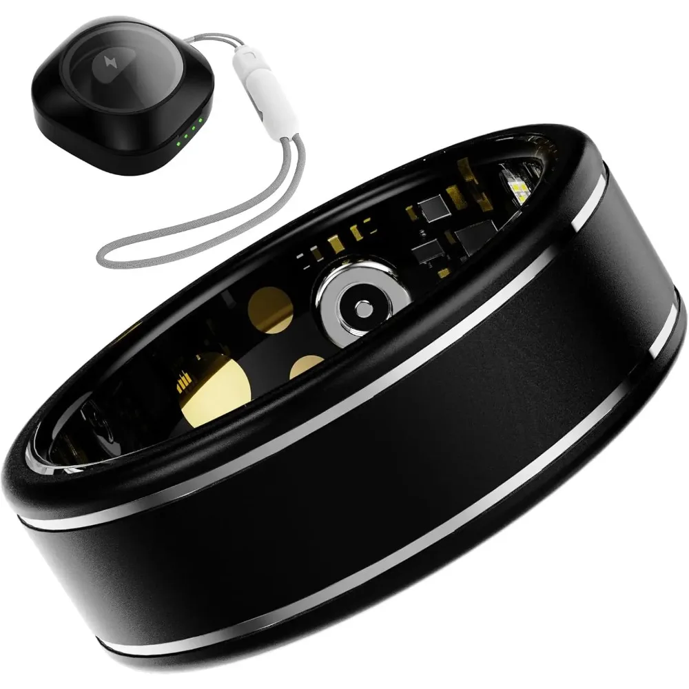 

Умное кольцо для занятий спортом для мужчин — пульсометр, SpO2, отслеживание сна и шагов, водонепроницаемость 5 АТМ, без подписки (черный, размер 8)