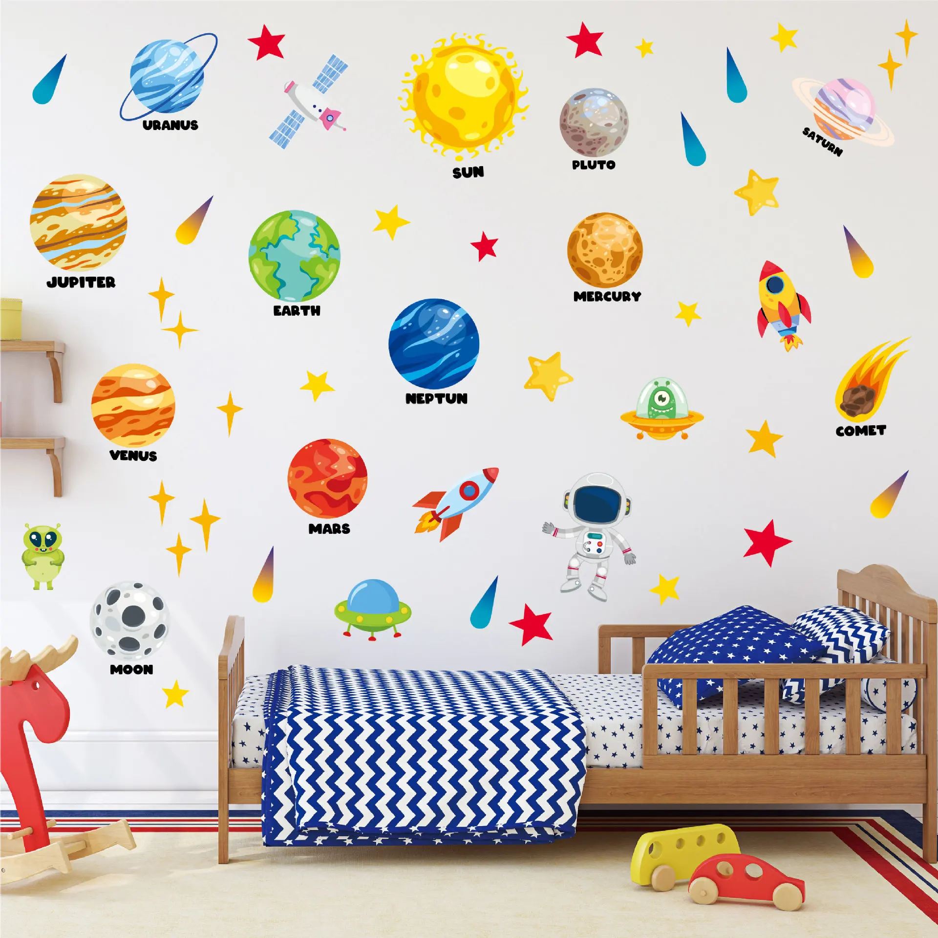 

3D Creative Planetary Astronauts Wall Sticker Home Decor Cartoon Kids Room Bedroom Period Print Decal Mural Art Sky Poster Gift