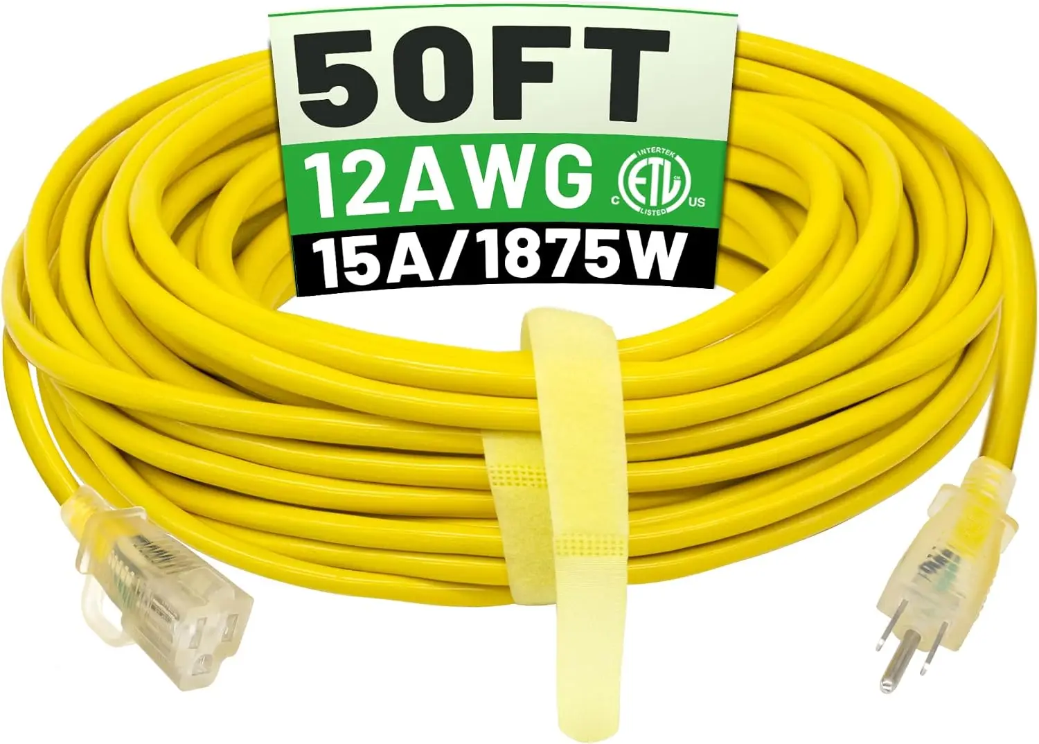 50 Ft 12/3 Outdoor Extension Cord Waterproof Heavy Duty With Lighted Indicator End 12 Gauge 3 Prong, Flexible Cold-Resistant