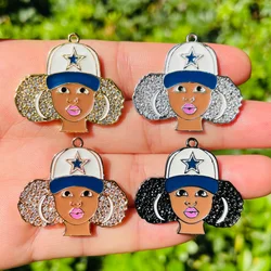 5pcs Enamel Micro Pave Black Girl Charms for Women Bracelet Necklace Making Bling Afro Girl Sports Pendant Jewelry Supply