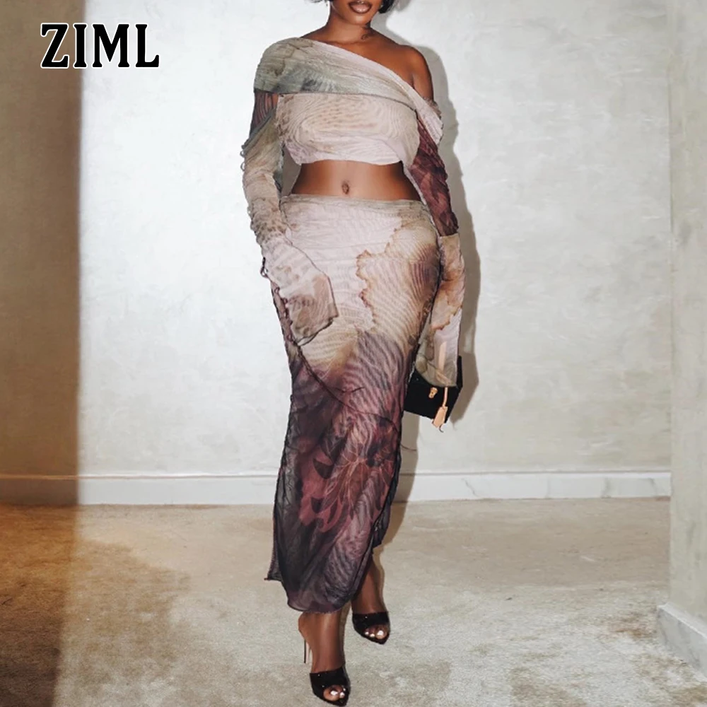 

ZIML Printing Two Piece Sets for Women Diagonal Collar One The Shoulder Sleeve Short Tops High Waist Skirts Elegant Set Female