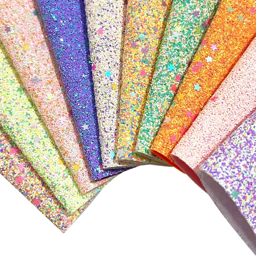 QIBU 22*30cm Colorful Chunky Glitter Fabric Bright Sequin Faux Leather Sheets for Crafts Bags Earring DIY Hairbow Accessories