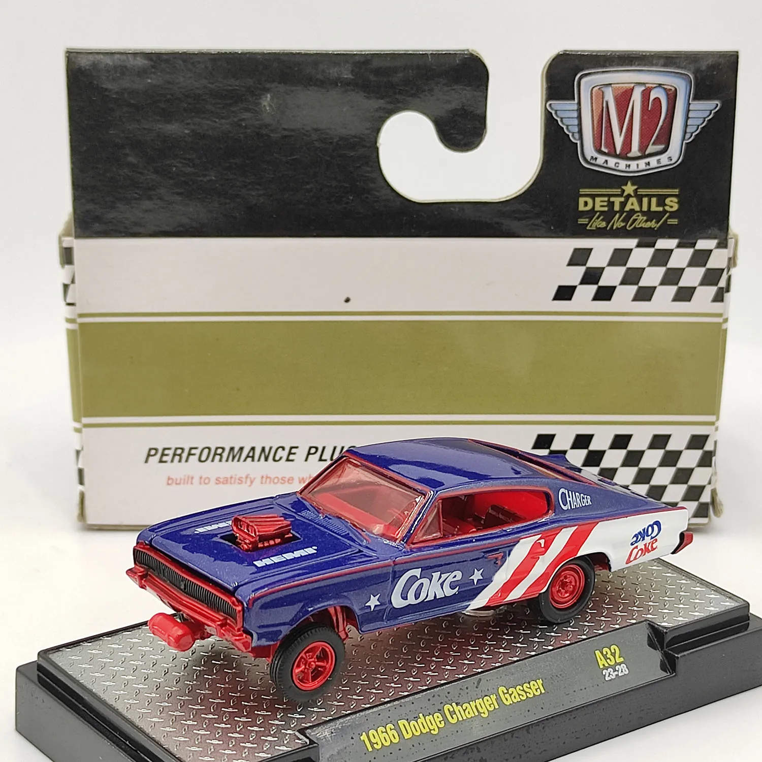 

Diecast M2 1/64 Scale 1966 Charger Gasser Red Wheel Alloy Car Model Collectible Toy Gift Souvenir Display Ornament