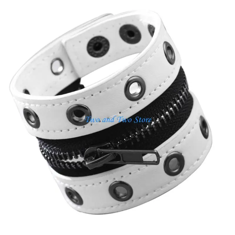 HX6F Gothic Rivet Chain Bracelet Adjustable Closure Soft Faux Leather Unisex Accessory