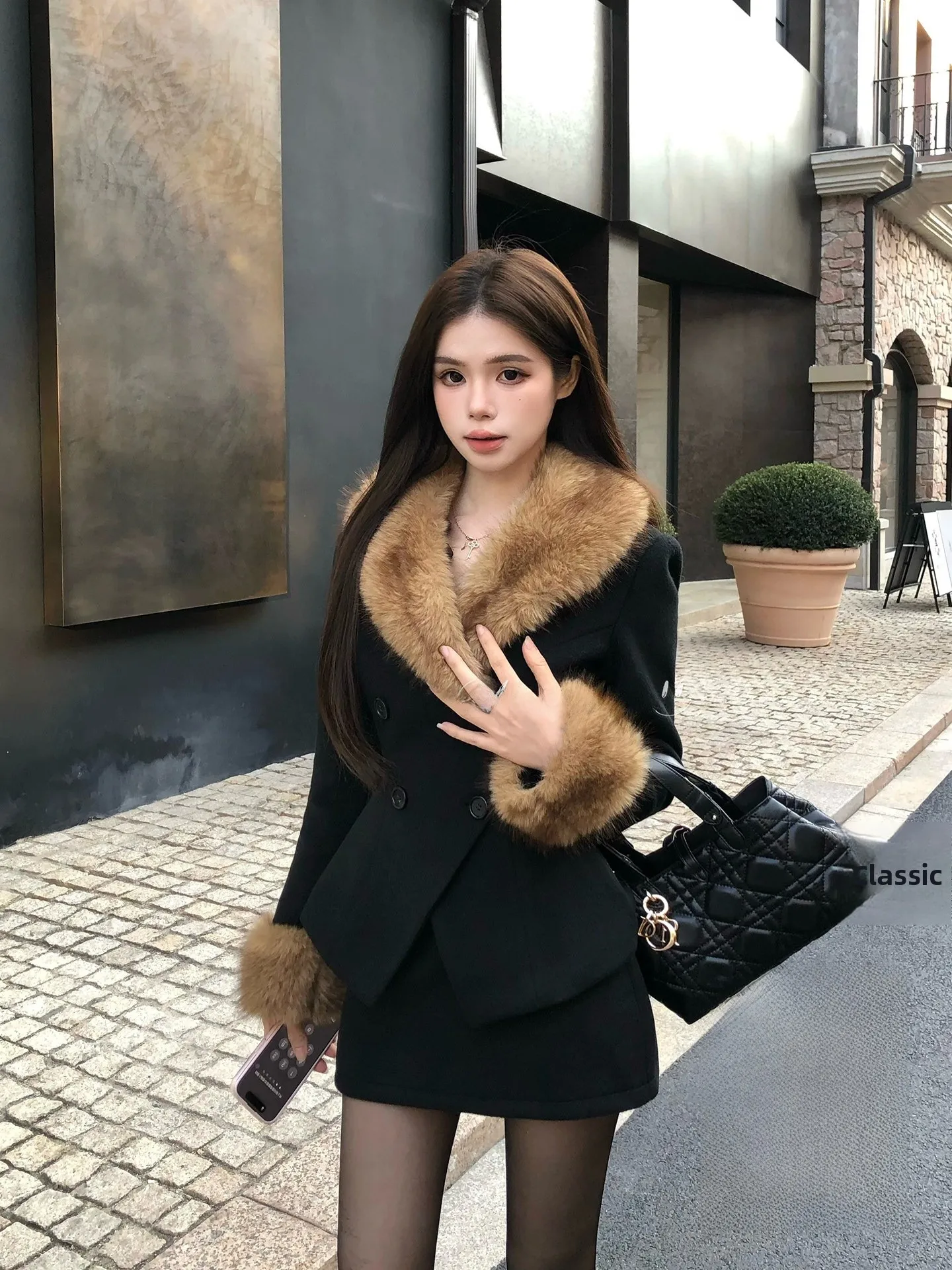 

Wahju Fashionable Winter British Style Removable Fur Collar Double Breasted Woolen Coat Women's Thickened Long Sleeve Short M...