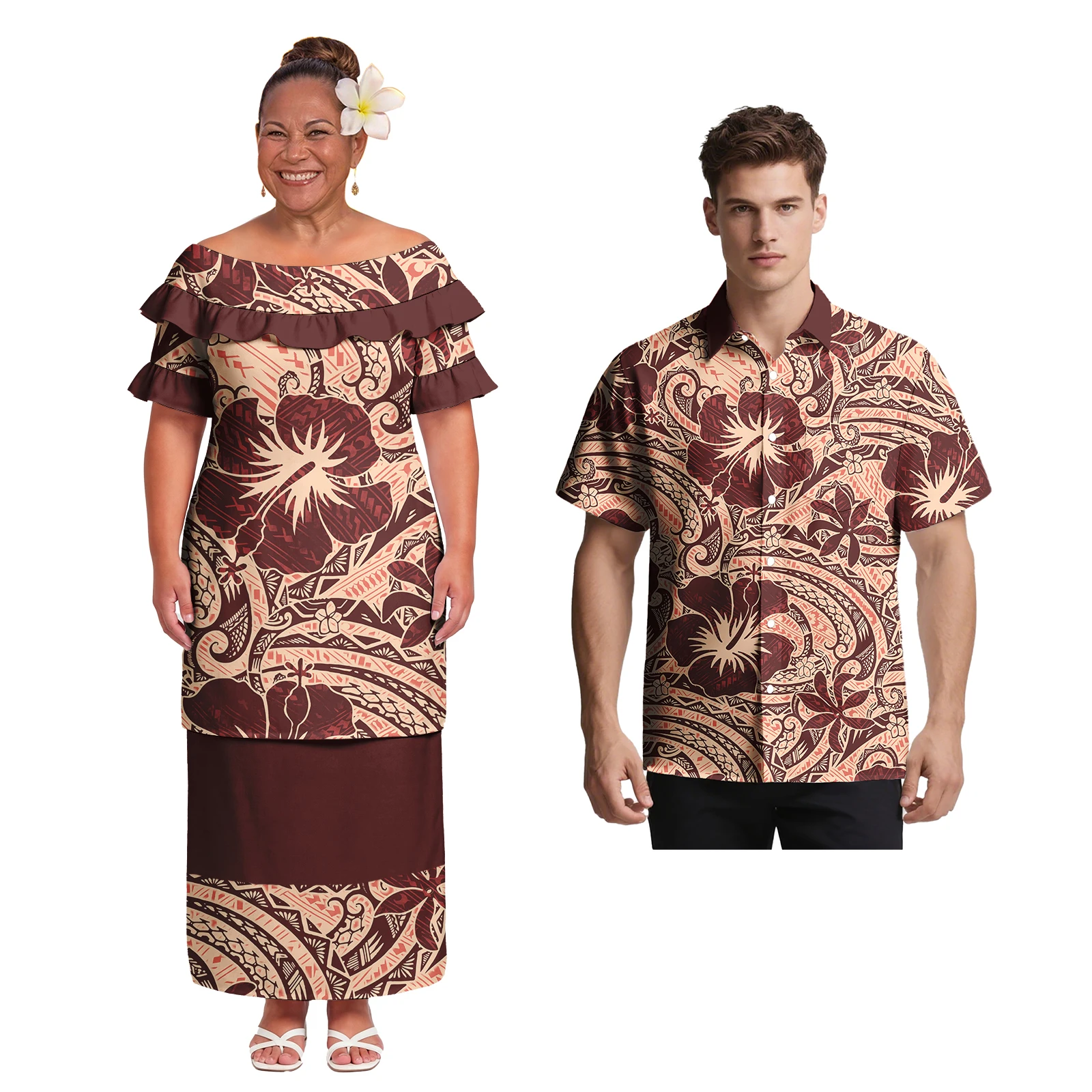 Ethnic Style Custom Samoan Polynesian Button up Design Men Shirt and Lady Maxi Dress Hawaiian Tribal Casual Couple Match Outfits