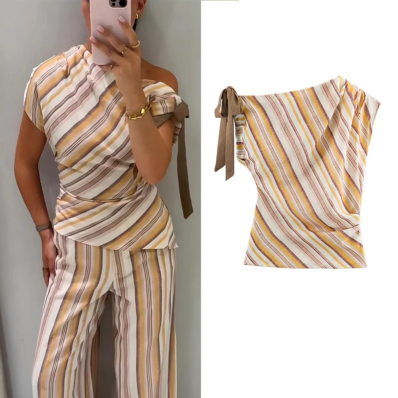 Women's Asymmetric One-Shoulder Striped Top with Tie Detail, Breathable Linen Casual Sleeveless Blouse for Summer