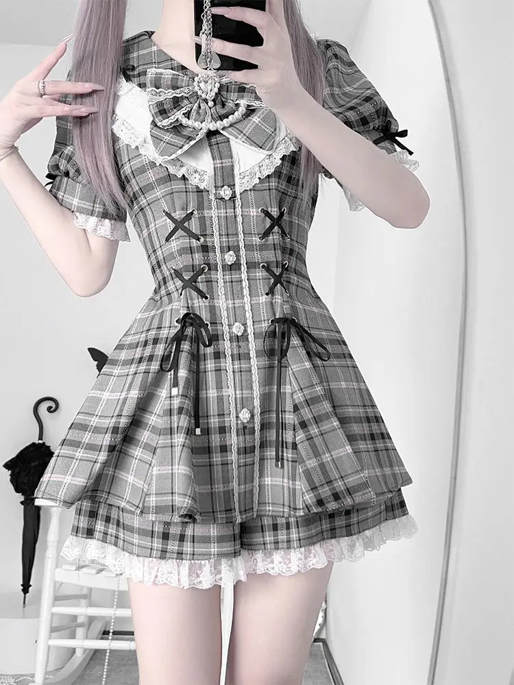 

Japanese Gothic Lolita Style Bow Dress Shorts Sets Women Y2 Vintage Long Sleeve Shirt Dress Femal Elegant Party Clothing 2025