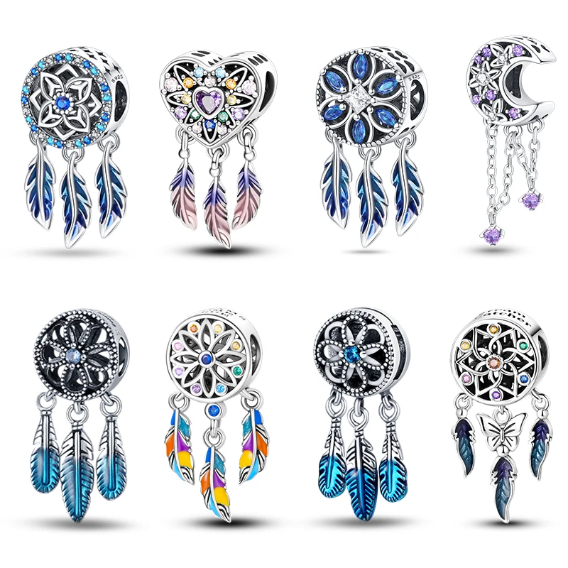 Fashion 925 Silver Color Feather Colorful Dreamcatcher Charms Bead Fit Pandora 925 Original Bracelets Exquisite DIY Jewelry Gift