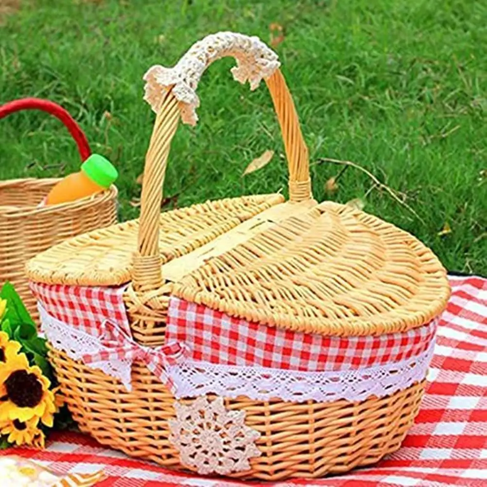 

NEW Oval Wicker Picnic Basket With Inner Lining Rattan Basket With Lids Handle For Party Barbecue Outdoor Camping