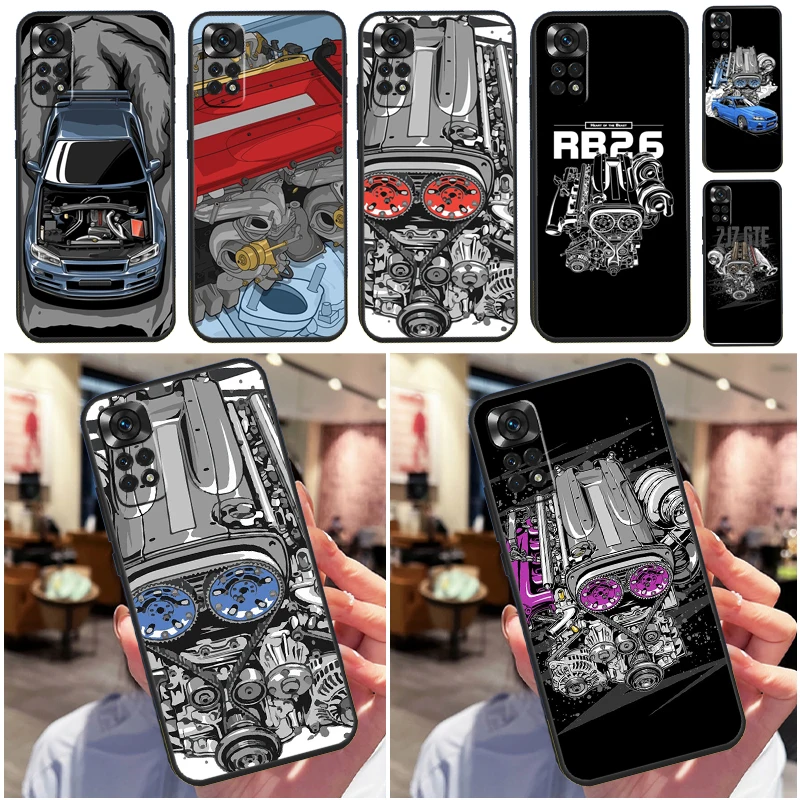 JDM Car RB26 Engine Case For Xiaomi Redmi Note 11 11S 10 10S 9 9S 12 Pro Redmi 12C 9C 10A 10C Soft Cover Shell