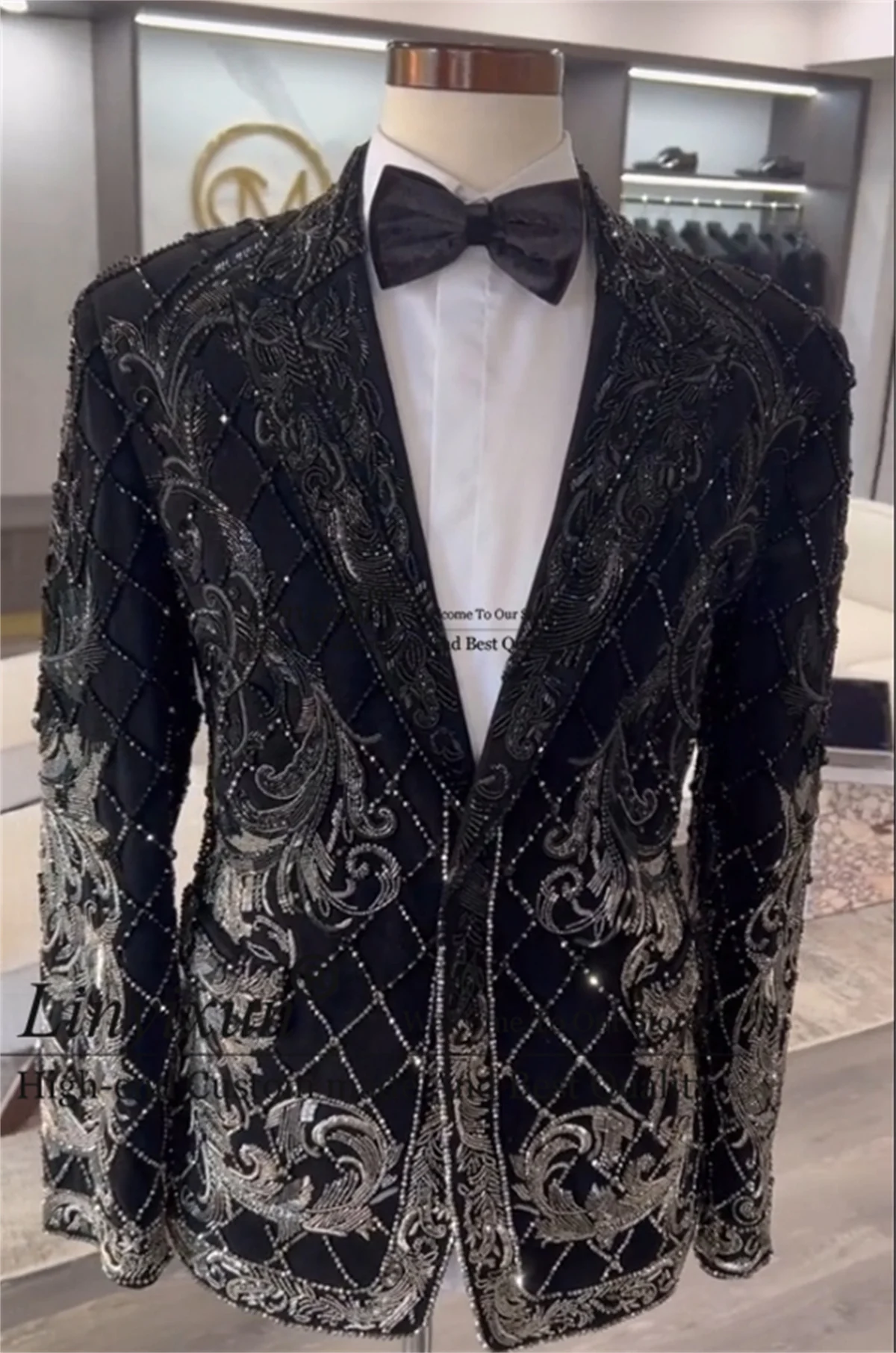 Sparkly Embroidery Crystals Men Suits Slim Fit Groom Wear Tuxedos 2 Pieces Sets Male Blazers Customized Slim Wedding Ropa Hombre