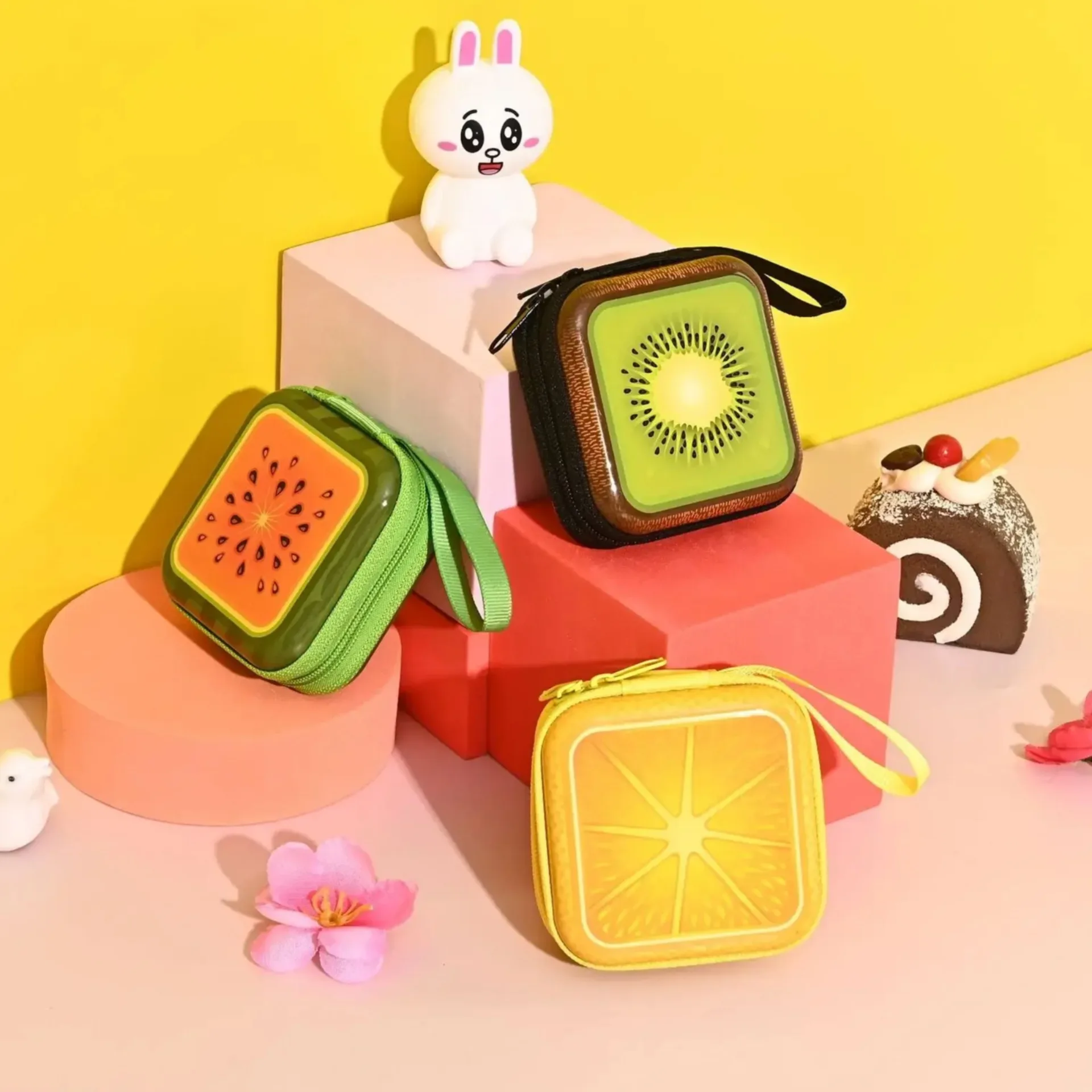 Cute Cartoon Fruit Square Tinplate Coin Purse Mini Portable Zipper Headphone Bag Data Cable Storage Box Prints Small Wallet Gift