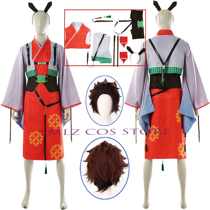 

Rabbit Ears Tanjirou Cosplay Costume Anime Cosplay Demon Play Uniform Kimono Set Halloween Party Outfit for Woman Men